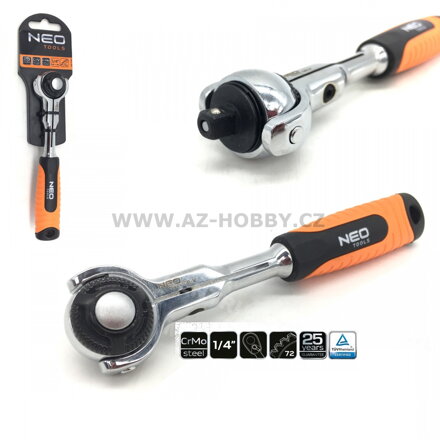 NEO TOOLS Ráčna 1/4" přepínací otočná hlava 360° 72 zubů, 155mm