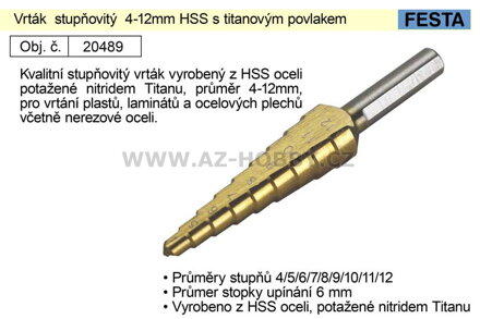 Vrták stupňovitý 4-12mm HSS s titanovým povlakem