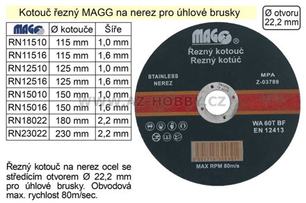 Kotouč řezný na  nerez 115x1,6mm MAGG