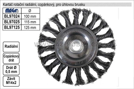 Kartáč  rotační radiální 100mm copánkový pro úhlovou brusku