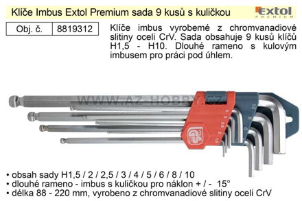 Klíče imbus zahnuté  1,5 - 10 mm dlouhé s kuličkou