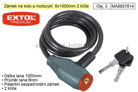 Zámek na kolo a motocykl  8x1000mm 2 klíče