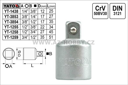 Redukce YATO  vnější čtyřhran 1/2" - vnitřní čtyřhran 3/8"