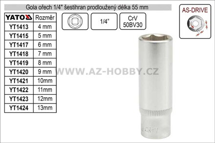 Gola ořech šestihran  1/4" prodloužený 13mm