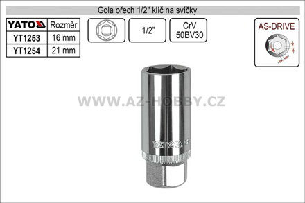 Gola ořech šestihran klíč na svíčky 21mm 1/2"