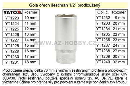 Gola ořech šestihran 1/2"  prodloužený 15mm