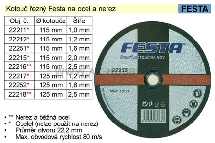 Kotouč  řezný na  ocel Festa 115x1,6mm