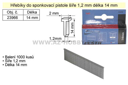 Hřebíky do sponkovačky šíře 1,2 mm délka 14 mm balení 1000 kusů