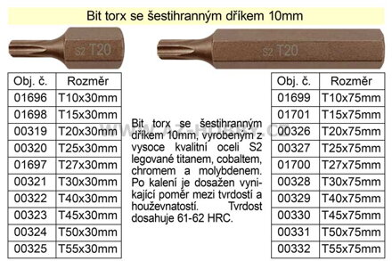Bit torx T30 se šestihranným dříkem 10mm délka 75mm