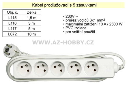 Prodlužovací kabel 5 zásuvek délka  1,5 m