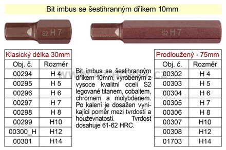 Bit imbus H  4 se šestihranným dříkem 10mm délka 75mm 100-00302