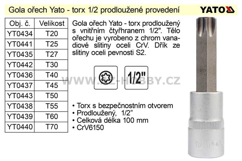 Gola ořech torx 1/2" prodloužený T70 YT-0440