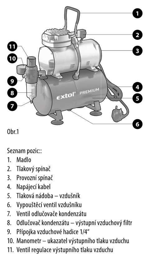 Popis kompresoru na airbrush - Extol
