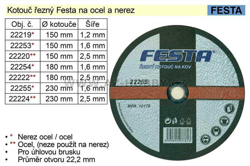 3 kusy řezného kotouče na ocel Festa 230 x 2,5mm