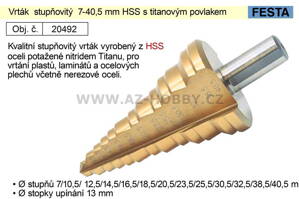 Vrták  stupňovitý  7-40,5 mm HSS s titanovým povlakem