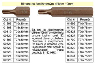 Bit torx T20 se šestihranným dříkem 10mm délka 75mm 100-00326