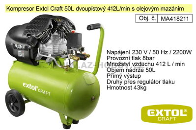 Kompresor Extol Craft 50L dvoupístový 8bar 412L/min s olejovým mazáním