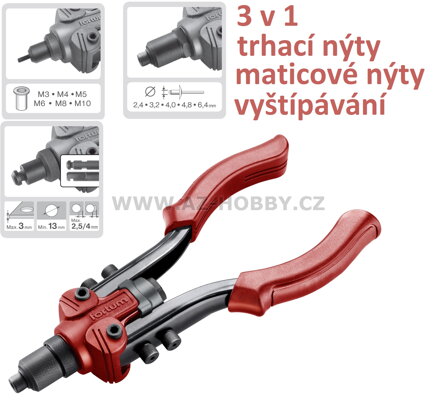 FORTUM kleště nýtovací pákové 3v1, na maticové nýty M3-M10 a trhací nýty 2,4-6,4mm