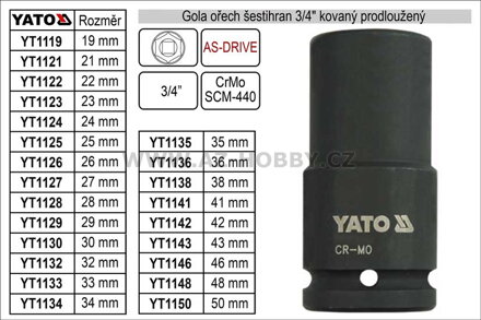 Gola ořech šestihran 3/4" kovaný prodloužený 22mm