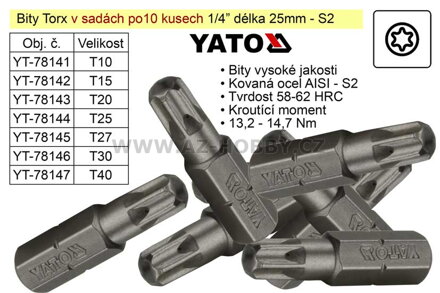 Bit Torx  T10x25mm 1/4' sada 10 kusů YT-78141