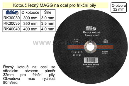 Kotouč řezný na ocel pro frikční pily 400x4,0x32mm MAGG