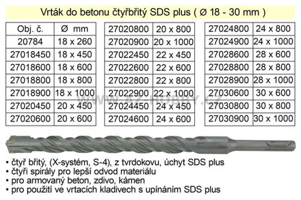 Vrták do betonu čtyřbřitý SDS plus 24x 800mm