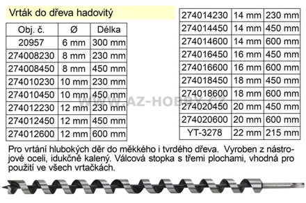 Vrták do dřeva hadovitý samostatný  8x450mm