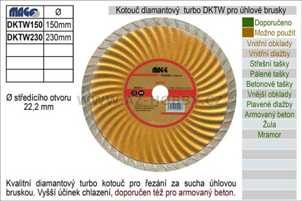 Kotouč diamantový turbo pro úhlové brusky DKW150