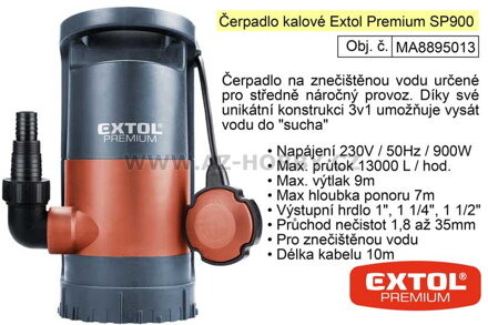 Čerpadlo kalové Extol Premium 900W SP 900 čerpající do sucha