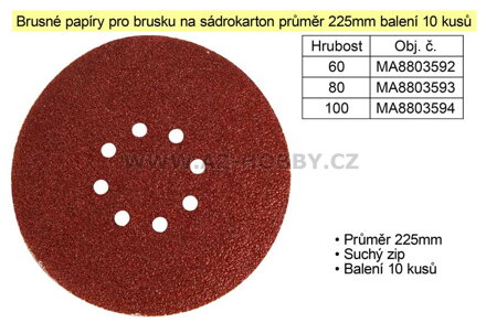 Brusné papíry pro brusku na sádrokarton průměr 225mm P100 balení 10 kusů