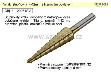 Vrták  stupňovitý 4-12mm s titanovým povlakem