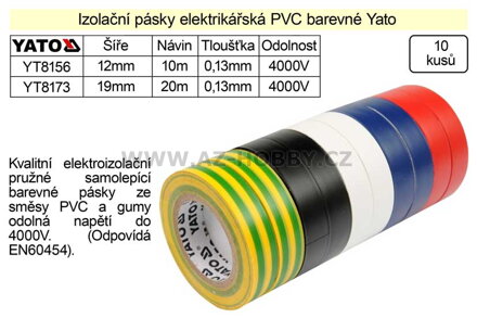 Izolační pásky elektrikářské PVC 19mm délka 20m barevné Yato balení 10 kusů