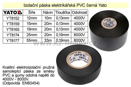 Izolační páska elektrikářská PVC šíře 19mm délka 20m černá Yato