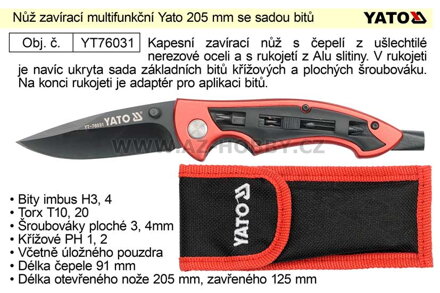 Nůž zavírací multifunkční Yato 205 mm se sadou bitů