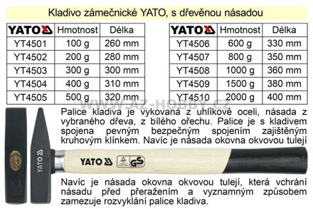 Kladivo zámečnické  YATO s dřevěnou okovanou násadou   400g