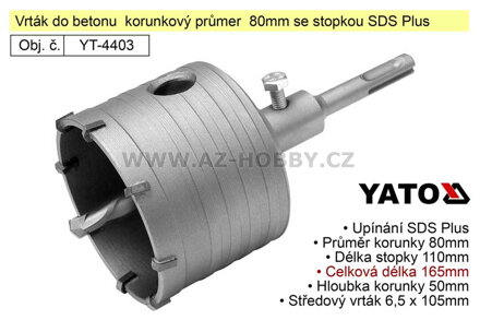 Vrták do betonu korunkový průměr 80mm se stopkou SDS Plus