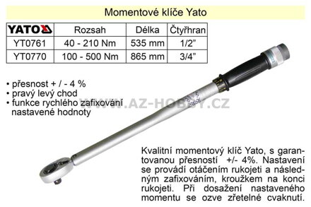 Momentový klíč ohybový 100 - 500 Nm 3/4"  Yato YT-0770