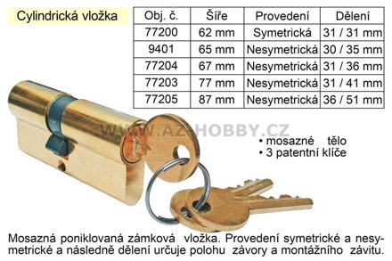 Cylindrická vložka 87 mm nesymetrická 36 / 51 mm