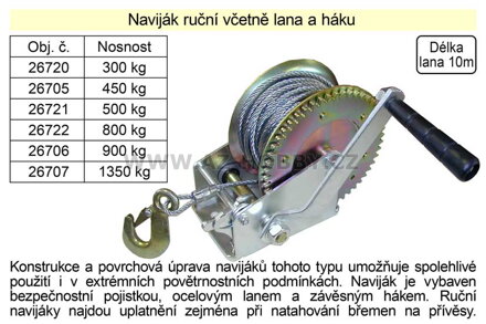 Naviják ruční včetně lana a háku, nosnost  450kg