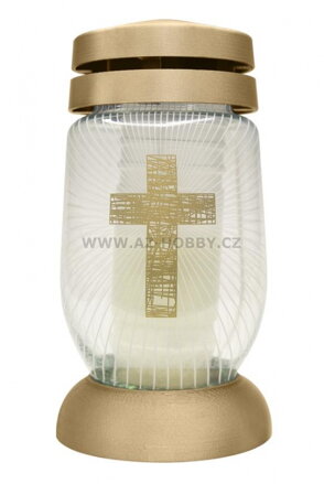 Hřbitovní sklo 23cm svíčka vklad  KŘÍŽ zlatá
