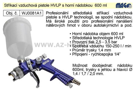Pistole stříkací vzduchová HVLP Magg Profi horní nádobka 600 ml