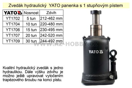 Zvedák hydraulický  YATO panenka s 1 stupňovým pístem, 20 tun zdvih 521mm