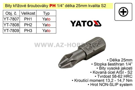 Bit křížový šroubovák PH3x25mm 1/4" Yato