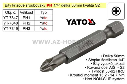 Bit křížový šroubovák PH2x50mm 1/4" Yato