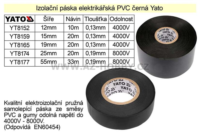 Izolační páska elektrikářská PVC šíře 19mm délka 20m černá Yato