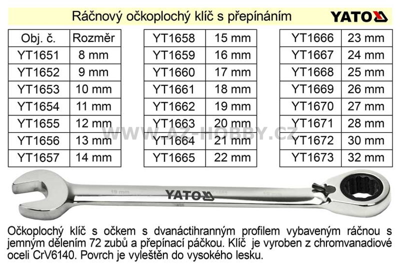 Ráčnový klíč  Yato očkoplochý s přepínáním 16mm