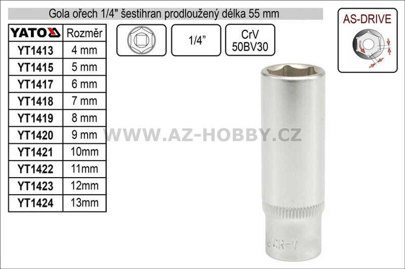 Gola ořech šestihran  1/4" prodloužený  8mm