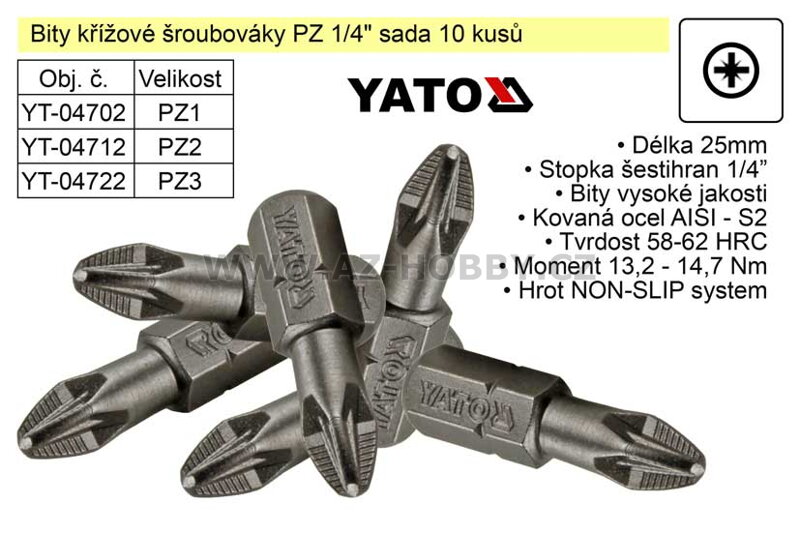 Bit křížový šroubovák PZ1x25mm 1/4" sada 10 kusů YT-04702