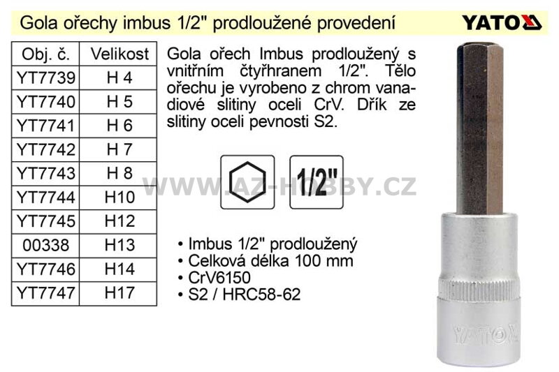 Gola ořech imbus 1/2" prodloužený  H 8 YT-7743