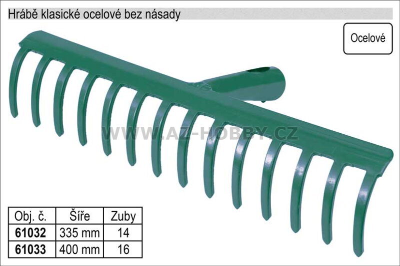 Hrábě klasické ocelové 14 zubů, šíře 335mm, bez násady